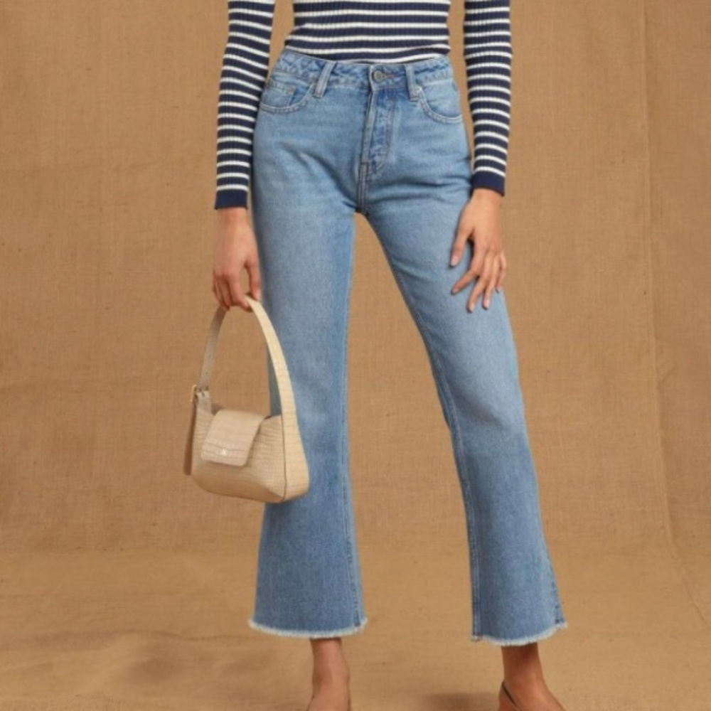 Rouje Paris Women Opera Jeans High Waisted Cropped Raw Hem Flare Legs Size 28